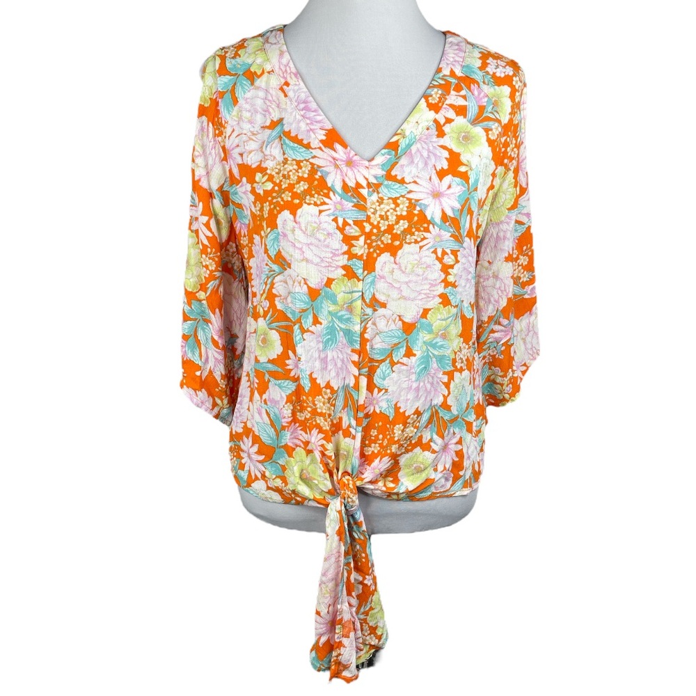 Democracy Floral Front Tie Crop Blouse Orange Pink Blue Size Small